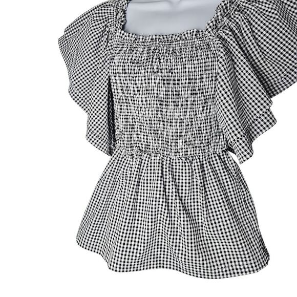 Smocked Gingham Boho Top Black & White Butterfly Sleeve Blouse Size S/M Milkmaid - Picture 2 of 10